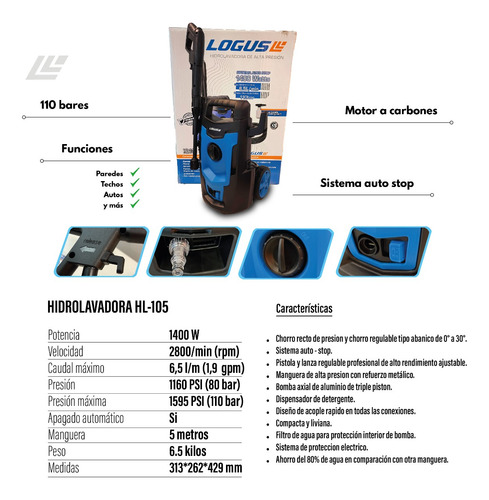 Imagen 7 de 8 de Hidrolavadora Logus 110bar 1400w Autostop Dosificador Espuma