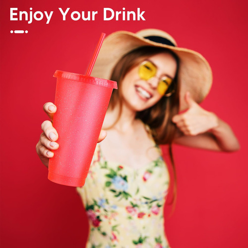 Vasos Reutilizables De 24 Oz Con Tapa Y Popote, 15 Piezas Color Rojo