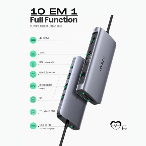 Hub Usb-c 10 Em 1 Multi Portas Ugreen Para Mac Book Notebook