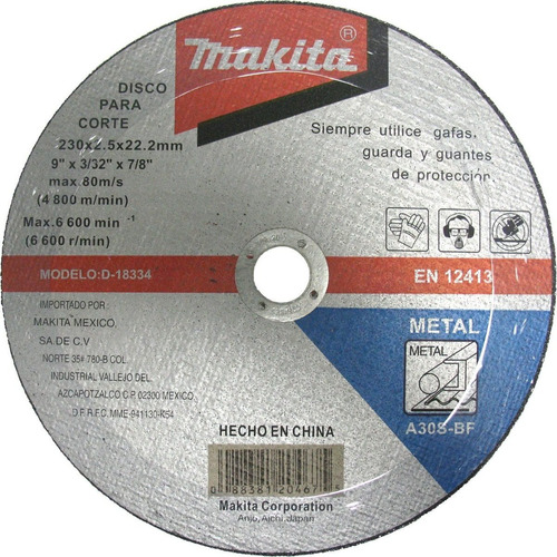  Disco Abrasivo Para Corte  Metal 9 X 7/8 Makita D18334