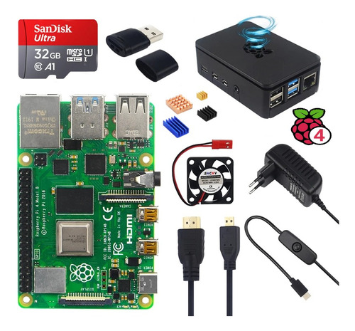 Kit Raspberry Pi 4 Pi4 2gb Fonte Micro Sd Case Cooler Hdmi