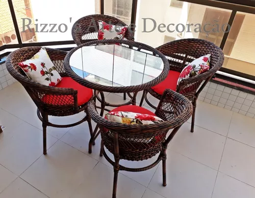 Conjunto De Mesa 4 Cadeira Jardim Varanda Fibra Sintética - R$ 2.140