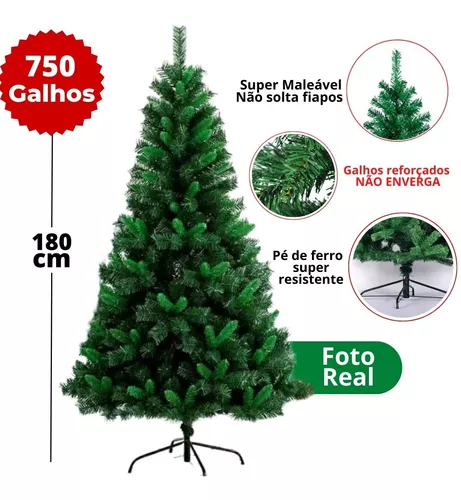 Arvore de natal 1,80 M 750 Galhos Árvore de Natal completa PVC Verde