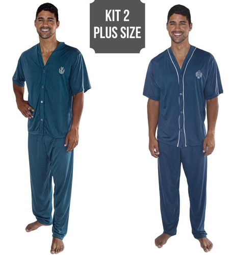 Kit 2 Pijama Plus Size Meia Manga Aberto Botão Calça Adulto