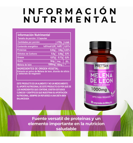 Hongo Melena De León Prettan Suplemento Nootrópico 1000mg Sin Sabor