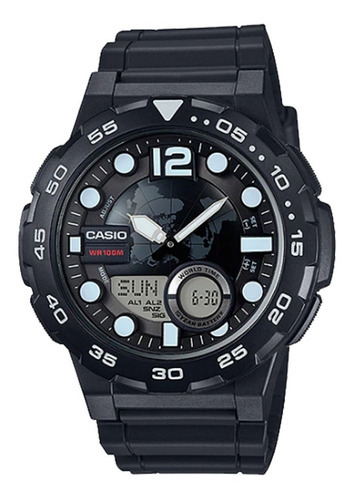 Reloj Casio Aeq-100w 30 Memorias Cronometro Sumergible 100m Color de la correa Negro/Blanco