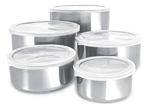 Conjunto De Potes Para Alimentos Inox Com Tampa Jogo 5 Peças