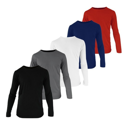 Imagem 4 de 4 de Kit 5 Camisetas Manga Longa Camisas Básica Gola Redonda