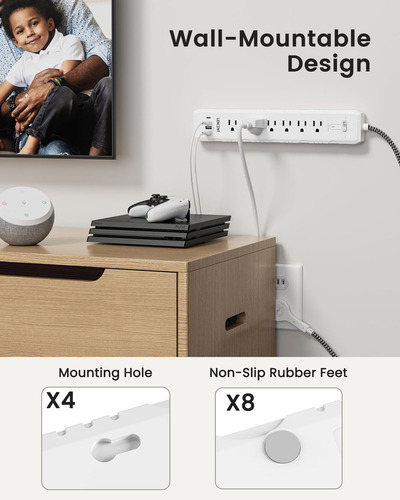 LENCENT Multicontacto Regleta Eléctrica con Protección Contra Sobretensión 1050J,6 Salidas, 3 USB y 1 Tipo C,45° Enchufe Plano Extensión Pared para Hogar Oficina Dorm