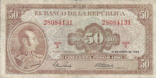 Colombia  50 Pesos Oro 1 De Enero 1964