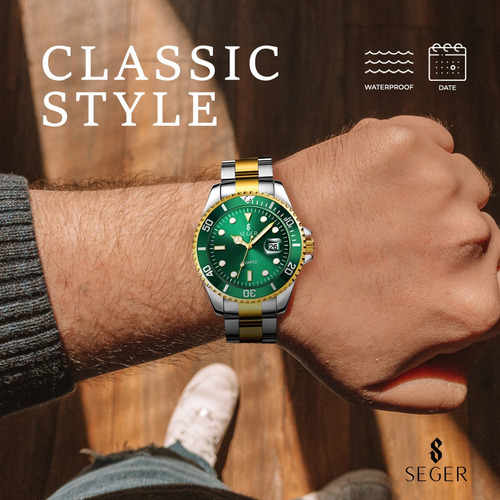 Reloj Mimimalista Elegante Seger 1779 Acero Fecha ! Color De La Malla Plateado Color Del Bisel Verde