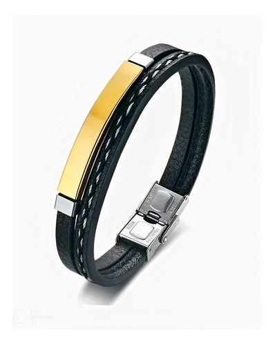 Pulsera De Cuero Negro Brazalete Con Placa De Acero Dorado