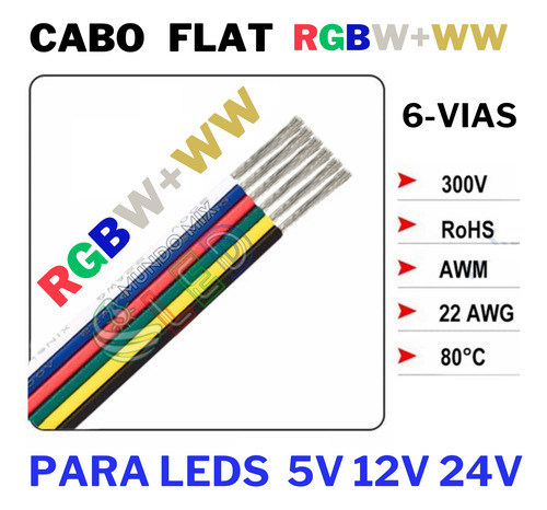 200 Metros Cabo Flat 22awg Para Fita Led Rgbw Rgbw+ww 6 Vias