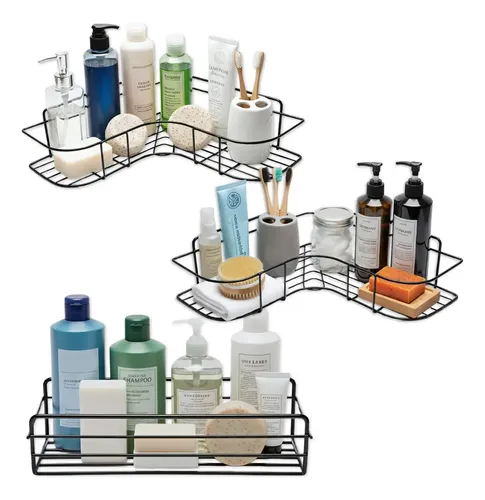 Kit 3 Suportes De Banheiro Prateleira Metal Sem Furo Adesivo Parede Shampoo Sabonete Cozinha