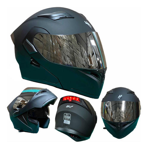 Casco para moto rebatible Half Black Wolf  negro y verde talla Extra Grande 