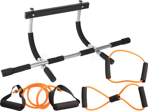 Barra Porta Fixa Exercicio Treino Musculação + Kit Elástico Cor Preto
