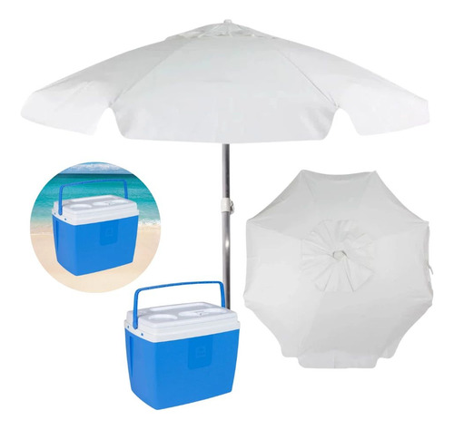 Kit Praia Azul E Branco Com Guarda Sol 1,60 M + Cooler 19 L