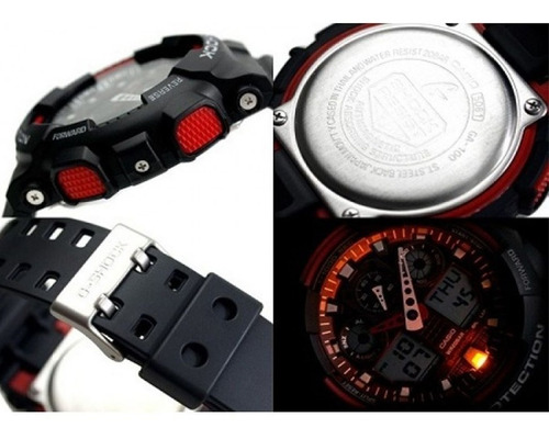 Imagen 7 de 7 de Reloj de pulsera Casio G-Shock GA-100 de cuerpo color negro, analógico-digital, para hombre, fondo negro, con correa de resina color negro, agujas color blanco y rojo, dial gris y blanco, subesferas color negro y gris, minutero/segundero blanco, bisel color negro y rojo y hebilla doble