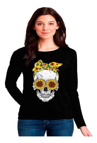 Polera Manga Larga 100% Algodón Calavera Con Girasoles C-214