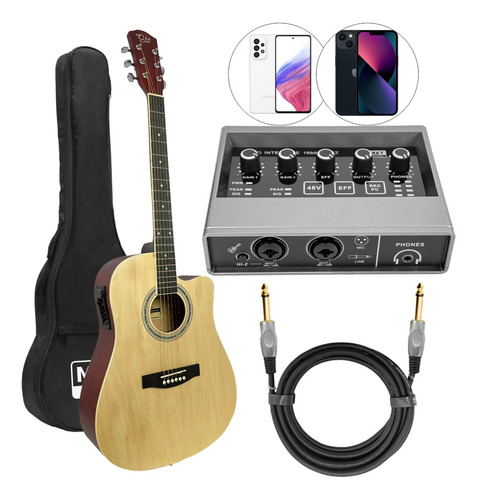 Kit Violão Eletroacustico Aço + Interface Android iPhone Mxt Cor Madeira clara Material do diapasão Bordo Orientação da mão Destro