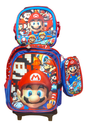 Mochila 3pz Super Mario Bros Led 3d Con Lapicera Y Lonchera