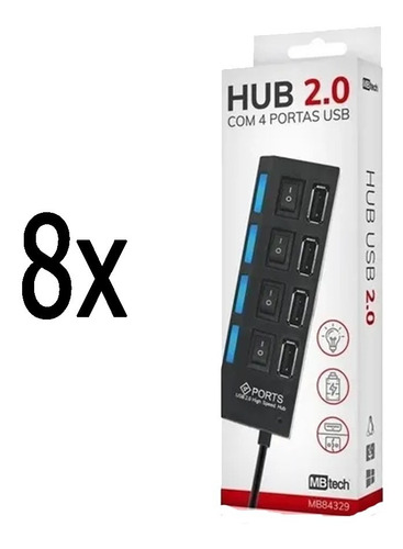 Kit Com 8 Plug In 2.0 Hub Usb 4 Portas Usb Mb Tech