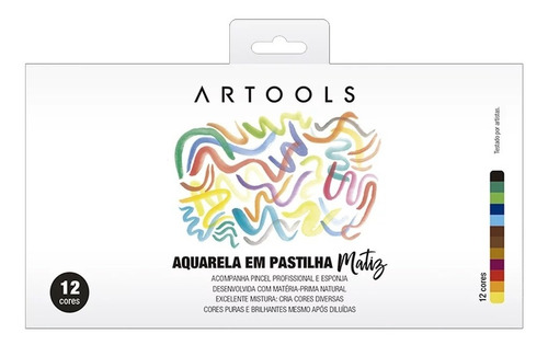 Aquarela Pastilha 12 Cores + Pincel + Esponja Artools