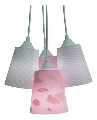 Lustre Pendente Cacho Menina Nuvens 4 Cúpulas Rosa E Branca