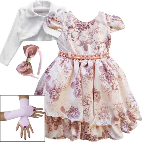 Vestido Infantil Realeza Floral Rose E Bolero Tiara Luvas