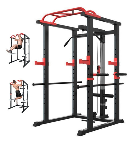 Power Rack Pull Ups Multifuncional Gym Jaula Smith Machine Negro Rojo