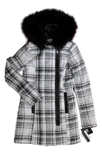 Abrigo Chaqueta Gaban Capota Peluche Cuadros Blanco Y Negro Faux Fur Mujer Talla Xs