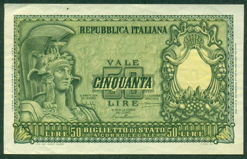 Italia Billete 50 Liras 1951 P# 91a Excelente+