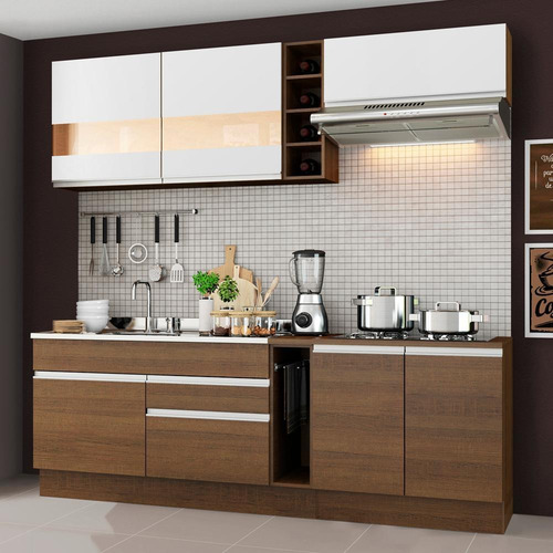 Cozinha Completa Parma Madesa Com Armário Vidro E Balcão Rrb Cor Rustic/Rustic/Branco