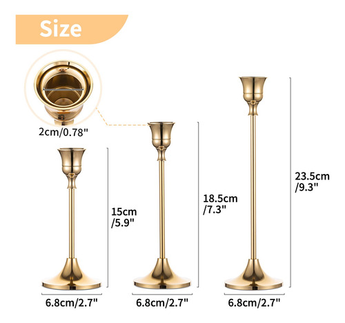 Juego De 3 Soportes Para Velas Cónicas De Latón Dorado