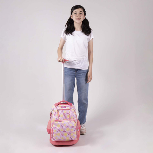 Mochila Grande Chenson Gatitos Happy Girl Ruedas Luz Led Color Rosa Claro Diseño De La Tela Emoji