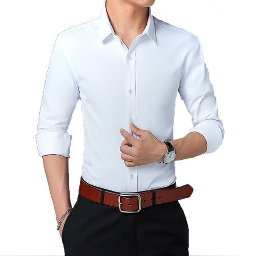Camisa De Vestir Hombre Moda Slim Color Sólido Manga Larga