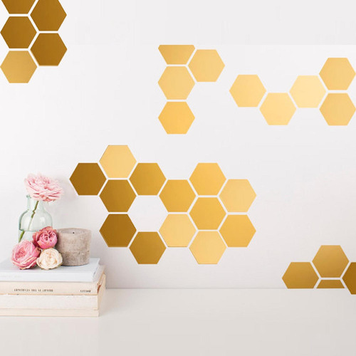 Imagen 6 de 10 de 12pzs Acrilico Decorativo Espejo Hexagonal Adhesivo Dorado