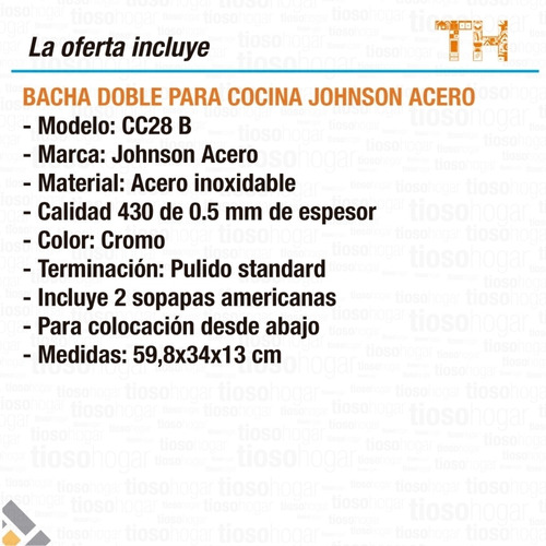 Pileta Cocina Doble Bacha Johnson Cc28 B De Acero 430 Envio