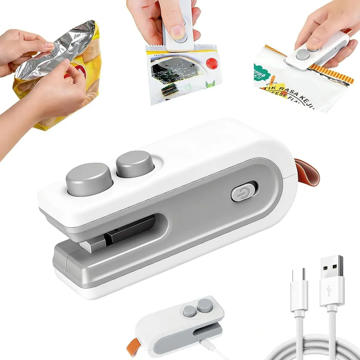 Sellador de bolsas de plástico, máquina de sellar bolsas mini 2 en 1, sellador portátil USB aislante para almacenamiento a prueba de humedad de alimentos y objetos (blancos)