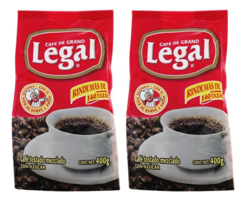 2 Pzs Legal Café Legal Molido En Grano Con Azúcar 400gramos