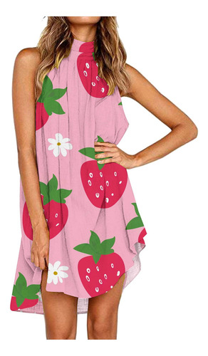 Vestido Feminino Com Estampa De Frutas Sem Mangas Com Gola R