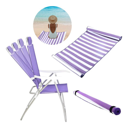 Kit Cadeira De Praia Dobrável + Esteira Rolo Com Alça Lilas
