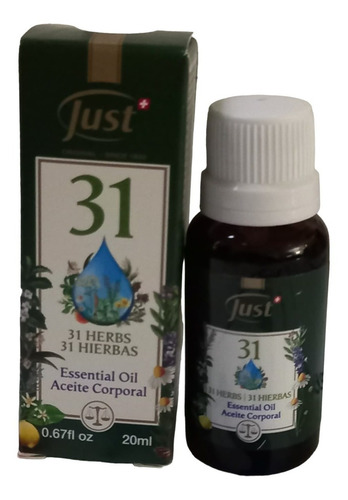 ÓLEO 31 Swiss Just . Compuesto por una combinacion de 31 aceites esenciales 100% puros. Refresca y revitaliza, alivia el dolor de cabeza y minimiza la tensión acumulada en músculos y articulaciones.