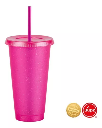 10 Vasos Reusables Con Popote Para Cafe Frio 24 Oz Color Rosa Glitter  Translucido