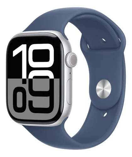 Apple Watch Series 10 GPS • Caja de aluminio color plata de 46 mm • Correa deportiva azul denim - S/M - Distribuidor Autorizado