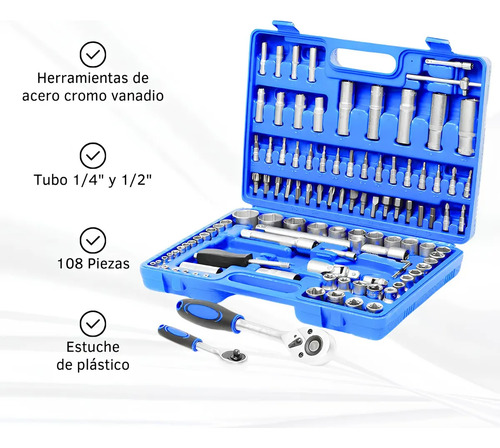 Kit De Herramientas Combinado Llave Tubos 108 Piezas Maletín Azul