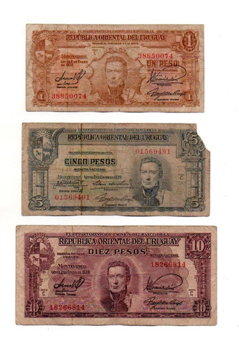 Uruguay Lote De 3 Billetes 1, 5 Y 10 Pesos Año 1939