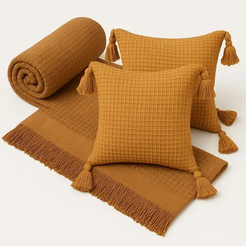 Kit Manta Para Sofá Viena + 2 Capas De Almofada 45x45 Algodão Cor  Caramelo Geométrico