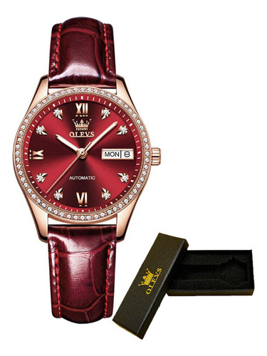 Reloj Mecánico Olevs Con Doble Calendario Y Diamantes Para M Color Del Fondo Leather/red