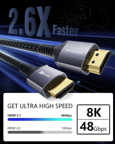 Cable Hdmi 2.1 Stouchi, 48 Gbps, Certificado, Hasta 8k, 1.8m